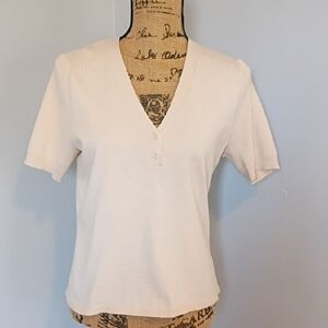 CAbi Campus Top Cream Short Sleeve V-Neck Knit Top Small